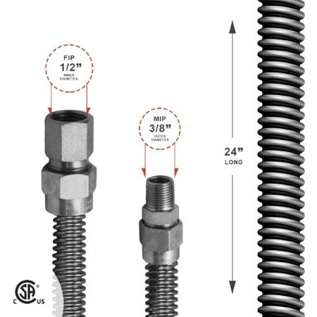 Flextron Gas Line Hose 3/8'' O.D. x 24'' Length 1/2" x 3/8" FIP Fittings, Stainless Steel Flexible Connector FTGC-SS14-24E